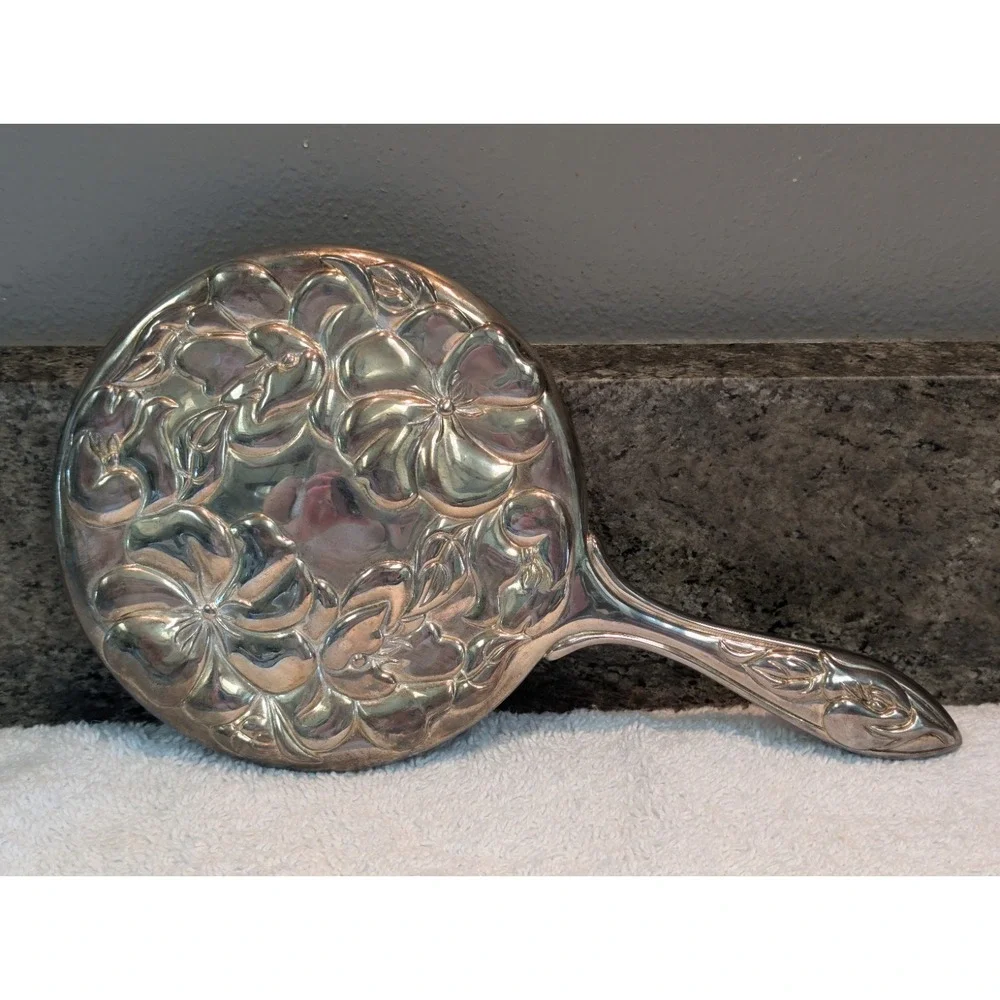 Vintage Antique Art Nouveau Silver Hand Mirror Embossed Flowers Tiffany ? Heavy
